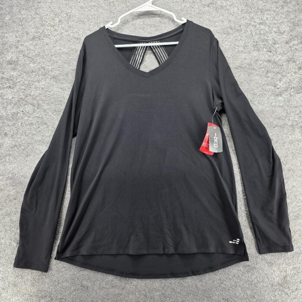 BCG T-Shirt Womens XL Black V-Neck Long Sleeve Open Back Training Stretch